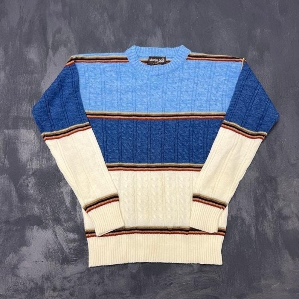 Vintage‎ Campus Striped Sweater Mens Medium Blue 1970s Studio One
